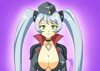 1990s_(style) 1girl absurdres black_choker blush breasts choker cleavage collar collarbone commentary diamond_(shape) dixie_cup_hat english_commentary gradient_background green_eyes grey_hair grey_hat hat high_collar highres kurumi-lover large_breasts long_hair looking_at_viewer military_hat military_uniform pendant_choker pin plunging_neckline purple_background red_collar retro_artstyle senran_kagura senran_kagura_new_wave shiny_skin signature smile solo swept_bangs tsubame_(senran_kagura) twintails