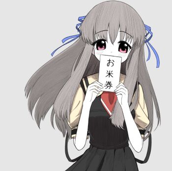 1girl air_(visual_novel) ascot black_dress blue_ribbon blush colored_skin covered_mouth covering_own_mouth cowboy_shot dot_nose dress floating_hair grey_background grey_hair hair_between_eyes hair_ribbon hands_up highres holding holding_paper long_hair looking_at_viewer neckerchief necktie paper pinafore_dress pink_eyes pleated_dress puffy_short_sleeves puffy_sleeves red_ascot red_eyes red_neckerchief red_necktie ribbon sailor_collar school_uniform shirt short_necktie short_sleeves sidelocks simple_background sleeveless sleeveless_dress solo straight-on toono_minagi upper_body white_skin wind yellow_shirt
