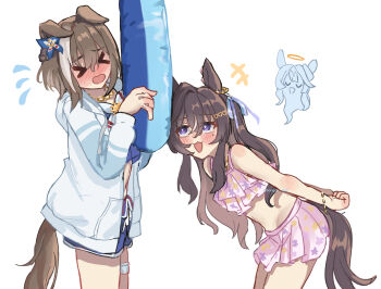 &gt;_&lt; +++ 3girls :d animal_ears arms_behind_back bikini bikini_skirt blue_bikini blue_swim_trunks blush brown_hair cheval_grand_(summer_calm_navy_drop)_(umamusume) cheval_grand_(umamusume) commentary_request cowboy_shot ear_ornament ears_down flying_sweatdrops ghost hair_between_eyes halo highres holding holding_swim_ring horse_ears horse_girl horse_tail innertube jacket jewelry leaning_forward long_hair long_sleeves multicolored_hair multiple_girls necklace open_mouth pink_bikini purple_eyes short_hair_with_long_locks siblings simple_background sisters smile songdu streaked_hair swim_ring swimsuit tail thigh_strap umamusume v_sisters verxina_(umamusume) vivlos_(umamusume) vivlos_(voyage_etincelant)_(umamusume) white_background white_hair white_jacket