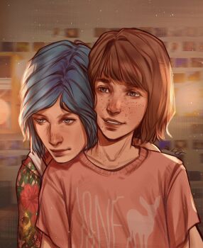 2girls absurdres arm_tattoo blue_eyes blue_hair brown_eyes brown_hair chloe_price highres indoors kenoastral life_is_strange_(series) life_is_strange_1 max_caulfield multiple_girls pink_shirt shirt short_sleeves tattoo upper_body yuri
