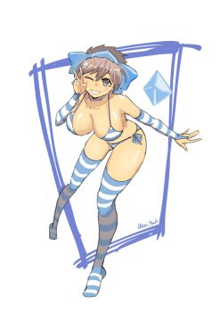 1girl artist_name bikini blue_bikini breasts brown_eyes brown_hair grin hair_ribbon highres konril large_breasts leaning_forward looking_at_viewer one_eye_closed ori_tsuki ribbon rimururu samurai_spirits short_hair smile snk solo striped_bikini striped_clothes swimsuit teeth thighhighs v wink