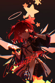 1girl absurdres arknights black_gloves commentary_request exusiai_(arknights) exusiai_the_new_covenant_(arknights) fenzisheng1 fingerless_gloves gloves halo highres long_hair looking_at_viewer official_alternate_costume official_alternate_hair_length official_alternate_hairstyle red_hair side_ponytail solo yellow_eyes