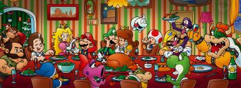 baby_mario birdo blonde_hair blue_eyes bow bowser bowser_jr. bread brown_fur brown_hair chimpanzee christmas christmas_tree colored_skin cron department diddy_kong dinner dinodaur dog donkey_kong dress drink eating facial_hair family fighting food ghost ghost_dog gloves gorilla green_skin hat highres horn indoors kamek luigi luigi&#039;s_mansion_dark_moon mama_mario mario mario_(series) mashed_potatoes mushroom mushroom_hat mustache necktie nintendo nintendo_switch oeveralls bad_tag papa_mario pink_skin playing polterpup princess princess_daisy princess_peach red_eyes red_hair salad salt shell shirt soup spikes super_star_(mario) table the_super_mario_bros._movie toad_(mario) turkey_(food) turtle universal_studios waluigi wario yinyanggio14 yoshi