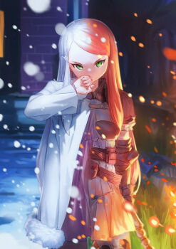 1girl armor closed_mouth coat commentary_request dress final_fantasy final_fantasy_tactics_advance fire gloves green_eyes hair_ornament hairclip hand_up highres long_hair looking_at_viewer pink_hair qingmingtongzi ritz_malheur skirt snow solo thighhighs weapon white_coat