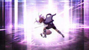 Rule 34 | 2girls, black shoes, black shorts, boots, brown jacket, brown skirt, game cg, glowing, impaled, jacket, jacket on shoulders, katana, long hair, long sleeves, multiple girls, non-web source, open mouth, orange hair, origami family's elite guard uniform, pink hair, pleated skirt, shidou maki (toji no miko), shoes, short hair, shorts, skirt, sword, thigh boots, toji no miko, toji no miko: kizamishi issen no tomoshibi, tsubakuro yume, weapon, white boots, white jacket