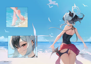 Rule 34 | 1girl, ass, back, barefoot, beach, bird, black hair, black one-piece swimsuit, blue archive, blue sky, blush, closed mouth, clothes around waist, day, demon girl, demon horns, demon wings, earclip, eyelashes, feet, floating hair, from behind, green halo, hair between eyes, halo, hashtag-only commentary, highres, horns, icarus9854, kayoko (blue archive), long hair, looking at viewer, low wings, multicolored hair, multiple views, nose, ocean, one-piece swimsuit, outdoors, outstretched arms, outstretched hand, ponytail, red eyes, seagull, sidelocks, single wing, sky, smile, soles, swimsuit, thigh gap, thighs, tiptoes, toes, tsurime, two-tone hair, white hair, wind, wings