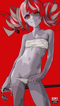 Rule 34 | 1girl, absurdres, arm at side, artist name, black nails, budget sarashi, chest sarashi, closed mouth, colored skin, commentary, cowboy shot, diamond-shaped pupils, diamond (shape), english commentary, flat chest, grey hair, grey skin, groin, heterochromia, highres, holding, holding sword, holding weapon, hololive, hololive indonesia, kureiji ollie, looking at viewer, lowleg, lowleg panties, mismatched pupils, multicolored hair, navel, nkonya, panties, patchwork skin, red background, red eyes, red hair, sarashi, short hair, simple background, smile, solo, stitched face, stitched leg, stitched torso, stitches, sword, symbol-shaped pupils, twitter username, two-tone hair, udin (kureiji ollie), underwear, virtual youtuber, weapon, white panties, x-shaped pupils, yellow eyes