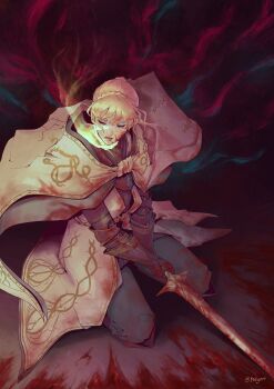 Rule 34 | 1girl, absurdres, armor, armor under clothes, blonde hair, blood, blood in hair, blood on clothes, blood splatter, blood stain, bloody weapon, braid, cloak, crown braid, disembodied hand, elden ring, elden ring: shadow of the erdtree, fellgorr, full armor, highres, holding, holding sword, holding weapon, kneeling, knight, looking down, needle knight leda, open mouth, ornate, ornate armor, short hair, signature, simple background, solo, sword, two-handed sword, weapon, white cloak, yellow eyes