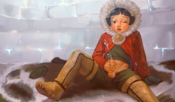 1boy absurdres black_hair boots brown_boots commission cum delirium_(artist) ejaculation green_pants highres hood hooded_jacket igloo inuit inuit_clothes jacket male_focus male_masturbation masturbation one_eye_closed open_mouth original pants penis penis_out projectile_cum shota sitting snow_shelter solo testicles thigh_boots uncensored winter_gloves