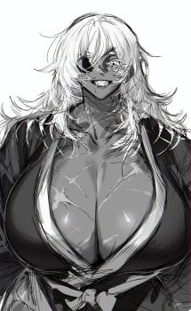 1girl breasts collarbone commentary dark-skinned_female dark_skin eyepatch facial_scar gigantic_breasts greyscale grin highres japanese_clothes kimono lihayato long_hair magami_hinata_(lihayato) monochrome one_eye_covered original scar scar_on_breasts scar_on_cheek scar_on_face scar_on_mouth simple_background smile solo straight-on symbol-only_commentary upper_body white_background