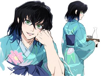 1boy alcohol aqua_kimono black_hair blue_hair blush choko_(cup) colored_tips crossed_bangs cup floral_print floral_print_kimono green_eyes hair_between_eyes hashibira_inosuke head_on_hand holding holding_plate japanese_clothes kimetsu_no_yaiba kimono looking_at_viewer male_focus medium_hair multicolored_hair multiple_views namooggg parted_lips plate print_kimono sakazuki sake smile solo white_background