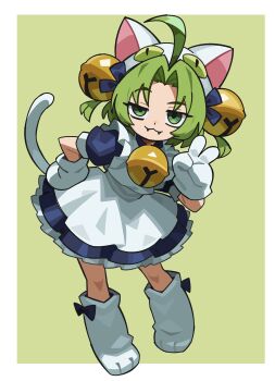 1girl absurdres ahoge alt_text animal_ears animal_hat apron bell border bow cat_ears cat_girl cat_hat cat_tail commentary dejiko di_gi_charat dress english_commentary full_body gloves green_background green_eyes green_hair hair_bell hair_ornament hat highres huge_ahoge jingle_bell looking_at_viewer maid mittens open_mouth parted_bangs paw_shoes perishrepublic short_hair short_sleeves simple_background smile smug solo standing tail white_border white_mittens