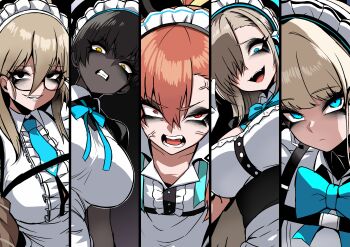 5girls absurdres ahoge akane_(blue_archive) apron asuna_(blue_archive) black_eyeliner black_eyeshadow black_hair blonde_hair blue_archive blue_eyes blue_halo bow braid breasts brown_hair cleaning_&amp;_clearing_(blue_archive) constricted_pupils crazy_eyes crazy_smile dark-skinned_female dark_skin eyeliner eyeshadow gesugao glasses hair_over_one_eye halo highres huge_ahoge j.k._(style) jacket karin_(blue_archive) large_breasts long_hair maid maid_apron maid_headdress makeup mole multiple_girls nagai_negi neru_(blue_archive) red_eyes smile sukajan toki_(blue_archive)