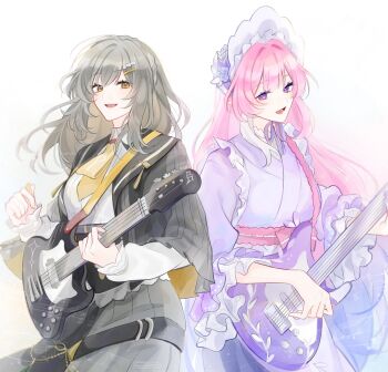 Rule 34 | 2girls, aqua hair, black jacket, black skirt, breasts, commentary, cyrene (honkai: star rail), cyrene (ripples of past reverie) (honkai: star rail), grey hair, guitar, highres, holding, holding guitar, holding instrument, honkai: star rail, honkai (series), instrument, jacket, japanese clothes, kimono, large breasts, long hair, medium hair, multicolored hair, multiple girls, music, nem00chiiya, pink hair, playing guitar, playing instrument, purple eyes, shirt, skirt, stelle (honkai: star rail), symbol-only commentary, trailblazer (honkai: star rail), very long hair, white hair, white kimono, white shirt, yellow eyes