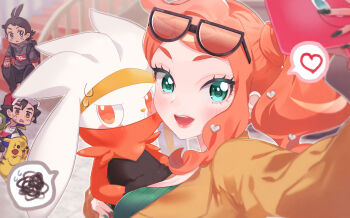 1girl 2boys abe_(kumayu) absurdres ash_ketchum black_nails commentary_request eyelashes eyewear_on_head gen_1_pokemon gen_4_pokemon gen_8_pokemon goh_(pokemon) green_eyes green_nails green_shirt hair_ornament heart heart_hair_ornament highres holding holding_phone holding_pokemon indoors long_hair multiple_boys nail_polish nintendo open_mouth orange_hair phone pikachu pokemon pokemon_(anime) pokemon_(creature) pokemon_journeys raboot ribbed_shirt rotom rotom_phone selfie shirt side_ponytail sonia_(pokemon) spoken_squiggle squiggle stairs sunglasses teeth tongue upper_teeth_only