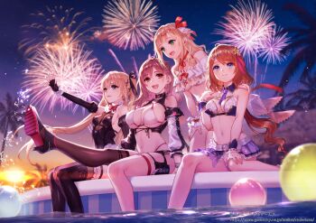 4girls :d aerial_fireworks ahoge alvina_zimlock ankle_boots atelier_(series) atelier_resleriana bare_shoulders belt between_breasts bikini bikini_skirt black_belt black_boots black_gloves black_leotard black_ribbon black_shrug black_thighhighs blonde_hair blue_eyes blue_skirt boots bow bowtie bracelet breasts brown_hair choker cleavage closed_mouth commentary_request copyright_notice crossover dead_or_alive dead_or_alive_xtreme dead_or_alive_xtreme_venus_vacation detached_sleeves earrings elbow_gloves fingerless_gloves fireworks flower framed_breasts frilled_bikini frilled_skirt frills fubuki_(fakemonkey0224) gloves green_eyes hair_between_eyes hair_flower hair_ornament hair_ribbon hairclip hand_on_own_shoulder high_heel_boots high_heels highleg highleg_bikini highres honoka_(doa) jewelry large_breasts leotard long_hair marie_rose medium_breasts multiple_girls navel necktie official_alternate_costume official_art open_mouth outdoors outstretched_arm palm_tree pink_hair pleated_skirt pool poolside purple_necktie red_bow red_bowtie red_choker red_eyes red_ribbon resna_sternenlicht ribbon scrunchie short_necktie shrug_(clothing) sidelocks single_thighhigh sitting skirt small_breasts smile soaking_feet standing stomach strap_between_breasts sunset swimsuit thigh_boots thigh_strap thighhighs tree twintails water watermark web_address white_bikini white_sleeves wrist_scrunchie x_hair_ornament