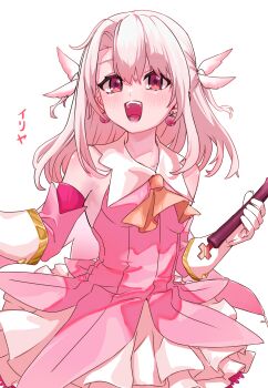 1girl absurdres ascot bare_shoulders blush breasts cape commentary_request dress earrings elbow_gloves fate/kaleid_liner_prisma_illya fate_(series) feather_hair_ornament feathers gloves hair_ornament highres illyasviel_von_einzbern jewelry layered_gloves long_hair looking_at_viewer niwaikanai open_mouth pink_dress pink_gloves prisma_illya red_eyes sidelocks skirt small_breasts smile solo sphere_earrings translation_request two_side_up wand white_cape white_gloves white_hair white_skirt