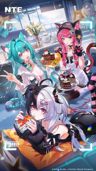 +_+ 3girls absurdres animal_ear_fluff animal_ears animal_hat aqua_hair aqua_nails bare_legs bat_girl bat_wings beads bell black_hair black_hood black_pants black_thighhighs blue_sky bottomless bow bra bra_strap breasts cake cake_slice cat_girl cat_hat cat_tail chocolate_cake choker cloud company_name copyright_logo copyright_name crossed_legs day drink_carton english_text food hair_beads hair_ornament hat head_on_bed high-waist_pants highres holding holding_cake holding_food juice lacrimosa_(nte) legs_up logo looking_at_viewer loungewear mint_(leisurely_holiday)_(nte) mint_(nte) multicolored_hair multicolored_nails multiple_girls nanally_(fluffy_flying_tiger)_(nte) nanally_(nte) neck_bell neverness_to_everness no_shoes non-web_source official_alternate_costume official_art pants paw_hair_ornament paw_pose pink_bow pink_bra pink_choker pink_eyes pink_nails pink_streaks recording red_hair shirt single-shoulder_shirt sky split-color_hair streaked_hair striped_bra striped_clothes striped_thighhighs tail thighhighs tied_shirt tiger_ears tiger_girl tiger_tail tomato_juice underwear vertical-striped_bra vertical-striped_clothes white_hair white_hat white_shirt wings