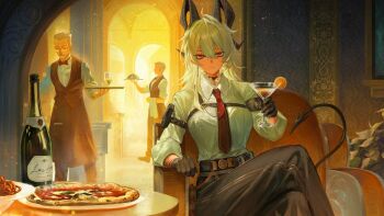 1girl 2boys black_choker black_gloves black_horns black_pants bottle breasts choker closed_mouth collared_shirt commentary commission crossed_legs cup curled_horns daniel_deng english_commentary food gloves grey_hair hair_between_eyes hand_up holding holding_cup horns indoors long_hair looking_at_viewer multiple_boys necktie official_art pants pizza profile red_necktie shirt shirt_tucked_in short_hair sitting smile walking white_shirt wuthering_waves zani_(wuthering_waves)