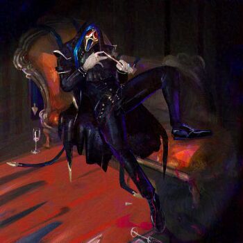 1boy ascot black_ascot black_hoodie black_pants blood blood_splatter bloody_weapon couch cup danny_johnson dead_by_daylight drinking_glass enigma_system full_body ghost_mask ghostface ghostface gloves holding holding_knife holding_weapon hood hoodie jewelry knife looking_at_viewer male_focus mask multiple_rings on_couch pants ring scream_(movie) weapon white_gloves wine_glass