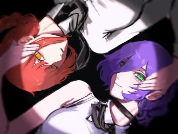 2girls absurdres black_choker black_necktie black_ribbon blush braid breasts chainsaw_man choker commentary_request dress_shirt green_eyes hair_between_eyes hand_on_another's_face highres long_hair_between_eyes looking_at_viewer makima_(chainsaw_man) medium_breasts multiple_girls neck_ribbon necktie orange_hair purple_hair revision reze_(chainsaw_man) ribbon ringed_eyes shirt sleeveless sleeveless_shirt smile upper_body user_traa3358 white_shirt yellow_eyes