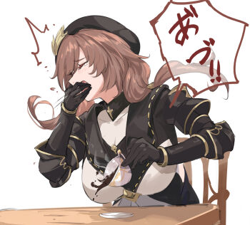 1girl ^^^ beret black_gloves black_hat blush breasts brown_hair chair coat coffee collared_shirt covering_own_mouth cup elbow_pads gloves granblue_fantasy hat holding holding_cup large_breasts long_hair motion_lines nos_(nos_tsn) raziel_(granblue_fantasy) shirt simple_background sitting solo speech_bubble speed_lines steam table tearing_up upper_body white_background
