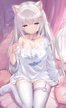 Rule 34 | 1girl, animal ear fluff, animal ears, bed sheet, blue eyes, blurry, blurry background, breasts, cat ears, cat girl, cat tail, cleavage, closed mouth, clothes writing, collar, collarbone, commentary request, curtains, depth of field, grey hair, hair between eyes, hair ornament, hairclip, half-closed eyes, hand up, heart, heart-shaped pillow, highres, long hair, long sleeves, looking at viewer, medium breasts, off shoulder, original, pillow, pink collar, romaji text, shirt, sitting, sleeves past wrists, smile, solo, tail, thighhighs, umitonakai, very long hair, white shirt, white thighhighs, window