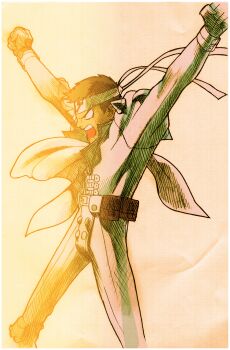 Rule 34 | 1boy, absurdres, angry, arms up, bengus, brown eyes, brown hair, capcom, clenched hands, cyberbots, facing to the side, from behind, furrowed brow, game cg, headband, highres, legs apart, looking to the side, male focus, marvel vs. capcom, marvel vs. capcom 2, non-web source, official art, open mouth, saotome jin, scan, scarf, shoulder spikes, simple background, solo, spikes, standing, teeth, variant armor, white headband