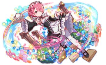 1girl anime_coloring apron aqua_flower aqua_hair aqua_petals artist_request black_bow black_corset black_ribbon black_shoes black_skirt black_straps blunt_bangs blush bow breasts brick_floor bush closed_mouth clothes_lift corset crash_fever dutch_angle eyelashes flower flower_knot frilled_skirt frilled_sleeves frills full_body game_cg hair_ornament hair_over_one_eye hexagon holding holding_tray honeycomb_(pattern) horizontal-striped_skirt horizontal-striped_sleeves juliet_sleeves lace-trimmed_apron lace-trimmed_collar lace_trim leg_up light_particles long_sleeves maid maid_apron maid_headdress mary_janes medium_breasts neck_ribbon number_print numbered official_art official_style outdoors outline parted_lips petticoat pillar pink_hair pink_petals pink_ribbon print_skirt puffy_sleeves purple_flower ram_(re:zero) re:zero_kara_hajimeru_isekai_seikatsu red_eyes red_outline ribbon ribbon-trimmed_thighhighs ribbon_trim roswaal_mansion_maid_uniform shoes short_hair single_horizontal_stripe skirt skirt_lift smile solo sparkle square square_print striped_clothes striped_skirt striped_sleeves tachi-e teapot thighhighs third-party_source too_many_flowers transparent_background tray two-tone_headdress underbust walking white_apron white_bow wide_sleeves wings x_hair_ornament