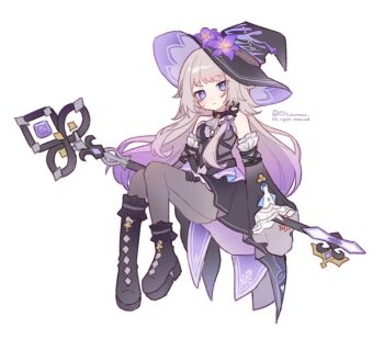 Rule 34 | 1girl, artist name, bare shoulders, black boots, black dress, black hat, black pantyhose, boots, closed mouth, commentary, dress, frilled sleeves, frills, full body, grey hair, hashtag-only commentary, hat, herta (honkai: star rail), highres, holding, holding key, honkai: star rail, honkai (series), key, long hair, long sleeves, looking at viewer, pantyhose, platform boots, purple eyes, simple background, solo, the herta (honkai: star rail), white background, witch hat, yukomeow