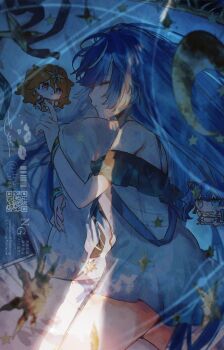 1girl alternate_costume augusta_(wuthering_waves) bare_shoulders blue_dress blue_hair character_doll closed_eyes commentary_request crack_of_light doll dress hair_undone highres iuno_(wuthering_waves) long_hair lt26 multicolored_hair sleeping solo streaked_hair thighs watermark wuthering_waves