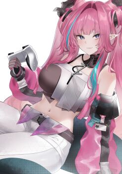 1girl absurdres arknights arknights:_endfield bare_shoulders black_gloves blue_eyes blue_hair breasts closed_mouth commentary controller crop_top detached_sleeves endfield_industries_logo english_commentary game_controller gloves halftone highres holding holding_controller holding_game_controller large_breasts light_smile long_hair long_sleeves looking_at_viewer midriff multicolored_hair navel pants pink_gloves pink_hair pink_sleeves pointy_ears puffy_long_sleeves puffy_sleeves simple_background solo streaked_hair white_background white_pants xiye_(hmrr2738) yvonne_(arknights)