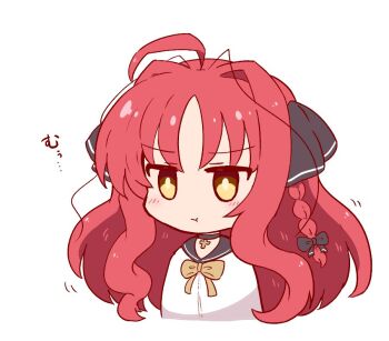 Rule 34 | 1girl, :t, ahoge, black bow, black choker, black ribbon, black sailor collar, blush, bow, bowtie, braid, chibi, chibi only, choker, closed mouth, cropped torso, cross, cross choker, dracu-riot!, hair between eyes, hair bow, hair intakes, hair ribbon, hakutocake, long hair, looking at viewer, pout, red hair, ribbon, sailor collar, school uniform, serafuku, shirt, sidelocks, single braid, solo, translated, upper body, v-shaped eyebrows, very long hair, wavy hair, white shirt, yarai miu, yellow bow, yellow bowtie, yellow eyes