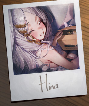 1girl ahoge armpit_crease art_program_in_frame betabeet black_pants black_skirt black_thighhighs blue_archive blush box breasts character_name closed_eyes coat demon_horns double-parted_bangs fur_coat hair_ornament hairpin highres hina_(blue_archive) holding holding_toy horns long_hair looking_at_viewer open_mouth pants pencil_skirt polaroid_photo purple_eyes shirt skirt sleeveless small_breasts smile solo striped_clothes stuffed_animal stuffed_cat stuffed_toy table thighhighs toy useless_machine vertical-striped_clothes white_hair white_shirt