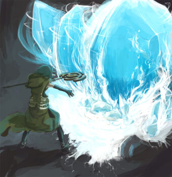 Rule 34 | 1girl, cloak, female focus, full body, hood, hood down, hooded cloak, kasa (hitori sanka), magic, pixiv fantasia, pixiv fantasia 1, pointy ears, solo, standing, standing on one leg, tanaka shoutarou, water, witch, wizard