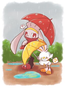 ? alternate_color commentary furry gen_8_pokemon gokuaku_rabbit highres musical_note nintendo outdoors pokemon pokemon_(creature) raboot rain red_eyes scorbunny shadow shiny_pokemon sitting smile symbol-only_commentary tongue tongue_out umbrella water yellow_eyes