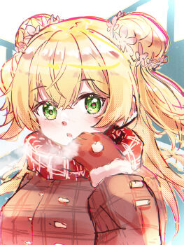 1girl absurdres alternate_costume blonde_hair commentary double_bun flower gloves hair_bun hair_flower hair_ornament highres hololive jacket long_hair looking_at_viewer momosuzu_nene open_mouth red_gloves red_jacket red_scarf scarf solo two_side_up u_da_desu very_long_hair virtual_youtuber