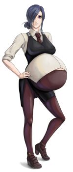 Rule 34 | 1girl, artist request, black vest, blue hair, breasts, collared shirt, full body, hair over one eye, hand on own hip, highres, kirishima touka, large breasts, looking at viewer, lurrak, maternity pantyhose, necktie, pantyhose, parted bangs, pregnant, purple eyes, shirt, sidelocks, skirt, sleeves rolled up, smile, solo, standing, tokyo ghoul, vest, waistcoat, waitress, white background, white shirt