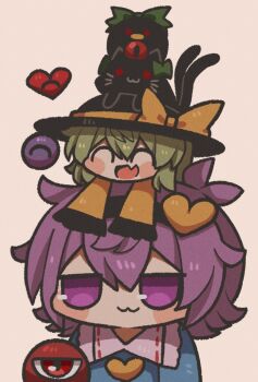 2girls :3 animal_ears bird black_headwear blue_shirt blush buttons cat_ears cat_tail closed_eyes collar collared_shirt crow fang frilled_shirt frilled_shirt_collar frilled_sleeves frills green_hair green_ribbon hair_between_eyes hair_ornament happy hat hat_ornament hat_ribbon heart heart_button heart_hair_ornament kaenbyou_rin kaenbyou_rin_(cat) komeiji_koishi komeiji_satori long_sleeves looking_at_viewer medium_hair multiple_girls multiple_tails on_head open_mouth bad_tag purple_eyes purple_hair red_eyes reiuji_utsuho reiuji_utsuho_(bird) ribbon shirt short_hair siblings simple_background sisters size_difference skin_fang slit_pupils smile tail third_eye tongue touhou two_tails whiskers white_background white_collar yellow_ribbon yellow_shirt zunusama