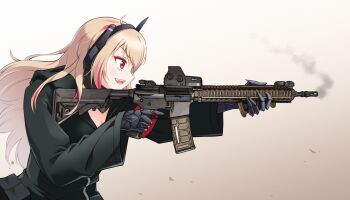 1girl :d aiming assault_rifle bandana bandana_around_neck black_bandana black_hairband black_jacket blonde_hair blush breasts cleavage commentary eotech firing from_side girls&#039;_frontline gun hair_between_eyes hairband headgear holding holding_gun holding_weapon hood hood_down hooded_jacket jacket jiwon_(sj1) long_sleeves m4_carbine m4_sopmod_ii_(girls&#039;_frontline) magazine_(weapon) multicolored_hair muzzle_device open_mouth red_eyes red_hair rifle smile smoke solo streaked_hair teeth upper_body upper_teeth_only weapon