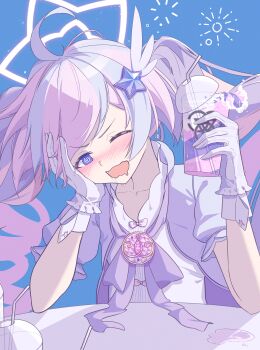 1girl @_@ absurdres ahoge blue_archive blue_background blush bow cup dress drill_hair drink drinking_glass drooling gloves hair_ornament halo hand_on_own_cheek hand_on_own_face highres holding holding_cup juice long_hair magical_girl multicolored_hair one_eye_closed open_mouth pink_hair pink_halo puffy_sleeves purple_bow purple_dress purple_eyes purple_hair reisa_(blue_archive) reisa_(magical)_(blue_archive) schnee_strum short_sleeves solo star_(symbol) star_hair_ornament star_halo table twin_drills twintails two-tone_hair upper_body white_gloves