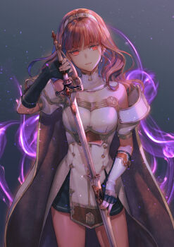 1girl armor aura bare_shoulders black_gloves black_skirt black_thighhighs blunt_bangs breastplate breasts buttons cape celica_(fire_emblem) celica_(imprisoned_soul)_(fire_emblem) cleavage corruption cowboy_shot dark_aura dark_persona detached_collar dress duma_(fire_emblem) earrings elbow_gloves fingerless_gloves fire_emblem fire_emblem_echoes:_shadows_of_valentia fire_emblem_heroes fujikawa_akira gloves gold_trim gradient_background highres holding holding_sword holding_weapon jewelry long_hair medium_breasts miniskirt nintendo off-shoulder_dress off_shoulder orange_eyes orange_hair possessed puffy_short_sleeves puffy_sleeves red_armor red_cape red_eyes red_hair shadow sheath short_sleeves skirt solo sword thighhighs thighs tiara two-tone_cape unsheathing weapon white_armor white_cape white_dress wrist_guards