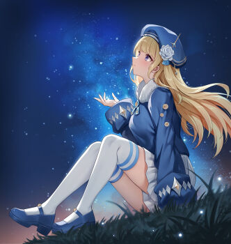 1girl blonde_hair blue_hat blue_shoes blue_sweater closed_mouth commentary commission english_commentary from_side hand_up hat highres light_smile long_hair long_sleeves looking_up lunacle original outdoors purple_eyes shoes sitting skirt sky solo star_(sky) starry_sky sweater thighhighs thighs white_skirt white_thighhighs