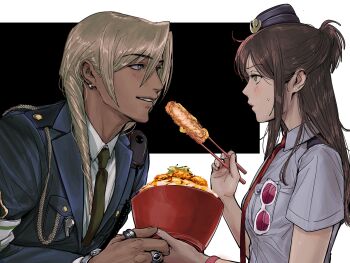 Rule 34 | 1boy, 1girl, ace attorney, adapted costume, aiguillette, amikoiiko, apollo justice: ace attorney, armband, black background, blonde hair, blue eyes, blue jacket, blue shirt, blush, bowl, breast pocket, brown hair, buttons, cable, chopsticks, closed mouth, collared shirt, commentary request, cosplay, cuffs, dark-skinned male, dark skin, drill hair, ema skye, eyewear hang, female service cap, fingernails, formal clothes, green armband, green eyes, green necktie, half updo, handcuffs, hat, highres, holding, holding bowl, holding chopsticks, holding with chopsticks, initial, jacket, jewelry, katsu (food), katsudon (food), klavier gavin, lapels, long hair, long sleeves, looking at another, maggey byrde, maggey byrde (cosplay), middle ring, mike meekins, mike meekins (cosplay), mini hat, mismatched eyebrows, multiple rings, necktie, notched lapels, phoenix wright: ace attorney, phoenix wright: ace attorney - justice for all, pink-tinted eyewear, pink lips, pink wrist cuffs, pocket, police, police hat, police uniform, policeman, policewoman, red necktie, ring, shirt, short sleeves, shoulder boards, side drill, simple background, smile, suit jacket, sunglasses, sweat, teeth, thumb ring, tinted eyewear, two-tone armband, two-tone background, unworn eyewear, upper body, walkie-talkie, watch, whistle, white-framed eyewear, white armband, white background, white shirt, wrist cuffs, wristwatch