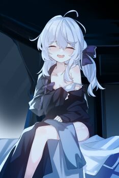 1girl absurdres ahoge bed blush bow bra breasts closed_eyes collarbone hair_bow highres indoors long_hair long_sleeves loose_clothes off_shoulder open_mouth original retri sitting small_breasts smile solo underwear white_bra white_hair