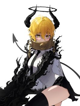 1girl black_necktie black_skirt black_thighhighs blonde_hair breasts broken broken_chain cape chain co_duck collar commentary covered_mouth cuffs cuffs-to-collar demon_horns demon_tail don_quixote_(project_moon) e.g.o_(project_moon) hair_between_eyes halo highres horns index_(identity)_(project_moon) limbus_company looking_at_viewer necktie procuration_(e.g.o) project_moon simple_background skirt solo symbol-only_commentary tail thighhighs white_background white_cape yellow_eyes
