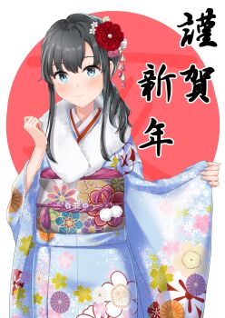 1girl absurdres alternate_costume alternate_hairstyle black_hair blue_eyes blue_kimono blush braid commentary_request cowboy_shot flower fur-trimmed_kimono fur_trim furisode hair_flower hair_ornament happy_new_year highres japanese_clothes kimono long_hair long_sleeves looking_at_viewer meri-san new_year obi print_kimono red_background sash solo two-tone_background white_background yahari_ore_no_seishun_lovecome_wa_machigatteiru. yukinoshita_yukino