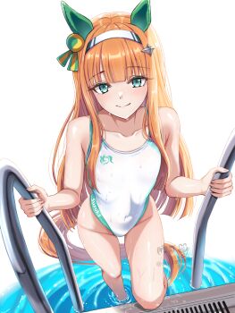 1girl animal_ears closed_mouth collarbone commentary_request covered_navel ear_covers ear_ornament hair_ornament hairband hairclip highres hime_cut horse_ears horse_girl horse_tail one-piece_swimsuit orange_hair paid_reward_available pool pool_ladder sidelocks silence_suzuka_(umamusume) simple_background smile solo swimsuit tail tsukiyuki_mike umamusume wet white_background white_hairband white_one-piece_swimsuit