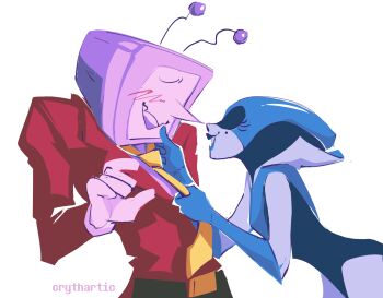 1boy 1girl ant_tenna artist_name blue_gloves blush clothes_grab colored_skin commentary crythartic deltarune elbow_gloves english_commentary eyelashes formal_clothes gloves hetero highres holding leaning_forward long_nose long_sleeves mole mole_under_eye necktie necktie_grab neckwear_grab object_head pants pointy_nose queen_(deltarune) radio_antenna red_suit smile suit tailcoat thumb_to_mouth utdr_(toby_fox) white_skin yellow_necktie