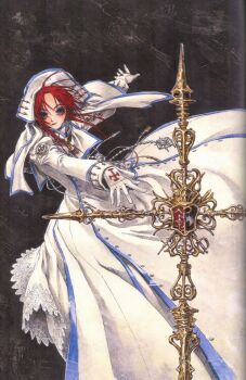 Rule 34 | 1girl, blue dress, blue eyes, blush, cross, dress, esther blanchett, long sleeves, non-web source, nun, official art, red hair, scan, shibamoto thores, simple background, smile, solo, trinity blood